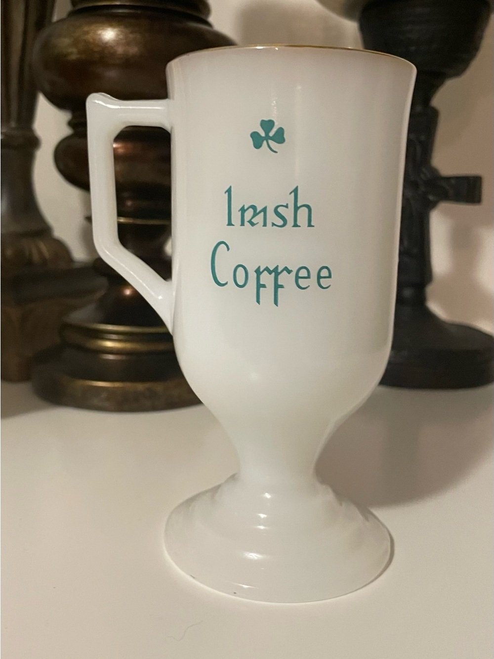 Vintage Irish Coffee Pedestal Mug - White with Teal Text